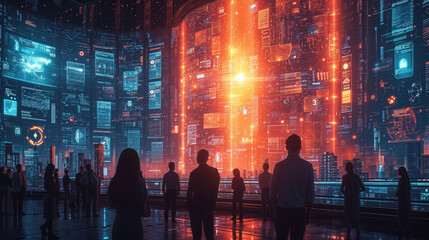 Illustration of futuristic business scene showcasing a diverse group of professionals collaborating with artificial intelligence to analyze complex data