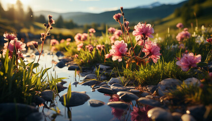 A beautiful meadow of colorful flowers under the summer sunset generated by AI