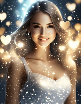 smiling elegance lady, golden hearts and bokeh effect. valentines design. love and romantic