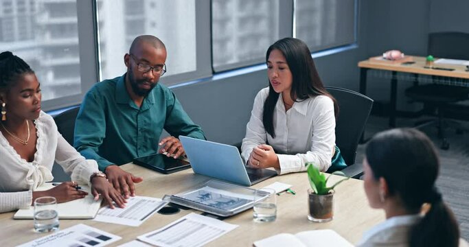 Business people, teamwork and documents in meeting for planning, data analysis and social media statistics at agency. Professional manager and group with paperwork, copywriting report and strategy