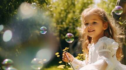 Obraz premium little happy girl playing with soap bubbles