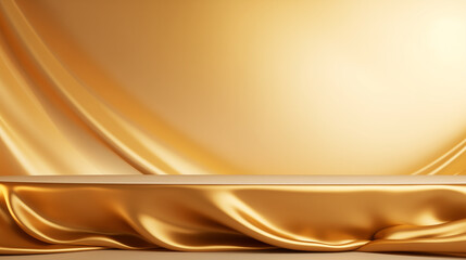 Fototapeta premium Gold podium with golden textile background. abstract luxury minimal wall scene for mockup products display. Round stage for showcase.