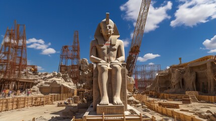 An unfinished colossal limestone statue of Pharaoh Ramses II at the foot of a rocky cliff - obrazy, fototapety, plakaty