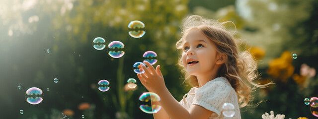 little happy girl playing with soap bubbles