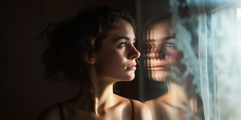 Contemplative young girl with a reflective gaze looks out a window, her image mirrored softly on glass