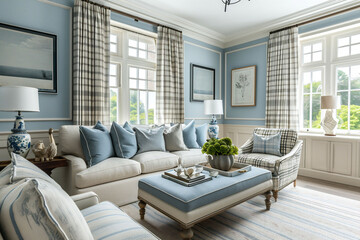 An elegant living room featuring a checkered curtains, large windows, sofa with pillows and blue accents, perfect for a traditional home design magazine.