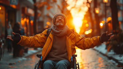 Elderly man with glasses and a beanie, arms open, basking in the sunsets glow on a city street. Senior Man in Wheelchair Welcoming Sunset