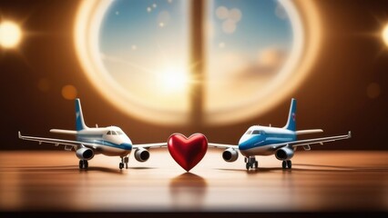 Valentine's day concept.Red heart between two blue and white airplanes.Holiday