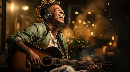 Exuberant African American man playing guitar, surrounded by sparklers, enjoying a festive music...