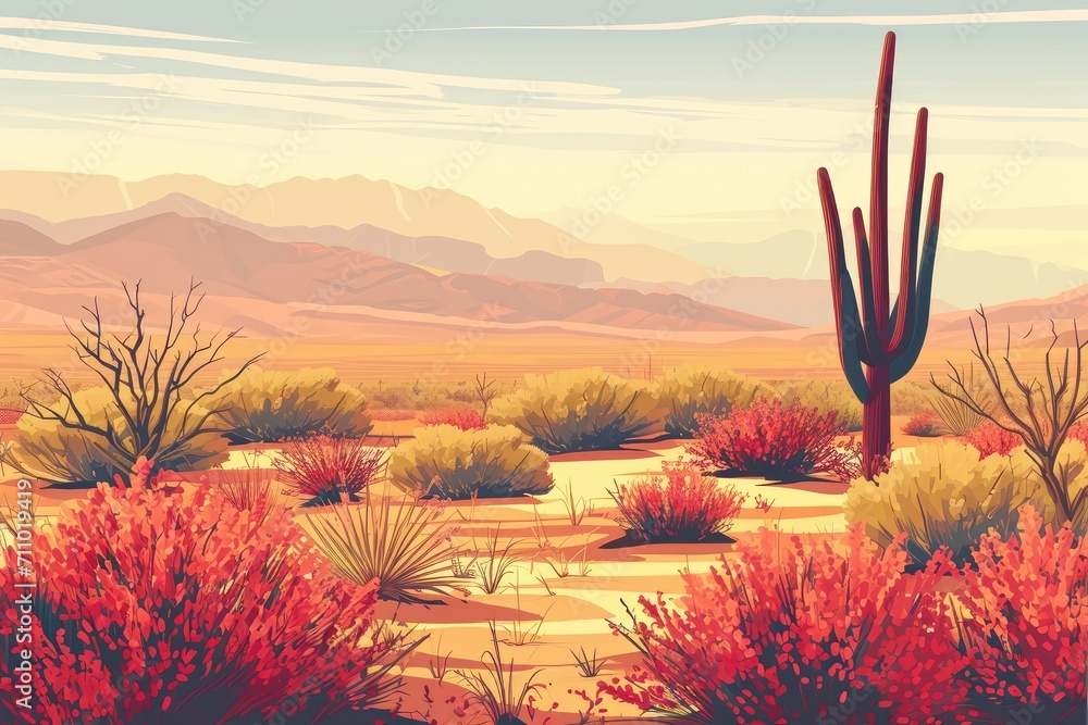 Poster a desert landscape with some cactus and red bushes generative ai
