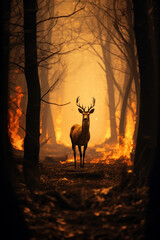 deer on the background of a burning forest. the concept of forest fires
