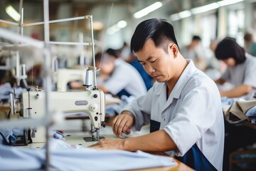 A worker sews a shirt in a garment factory.