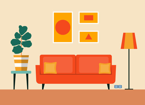 Room interior with furniture: sofa, table, plant, pictures on the wall. Living room flat style vector illustration