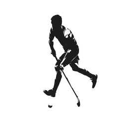 Floorball player shooting ball, isolated vector silhouette, side view. Floorball logo