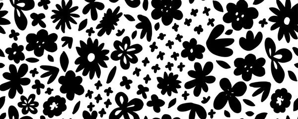 Flower seamless pattern. Simple floral texture. Flower silhouettes. Small meadow plants. Summer botanical background. Design for fabric and texture, dresess,