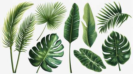 Fototapeta na wymiar A set of tropical leaves isolated on a white background. Beautiful tropical exotic foliage. Illustration