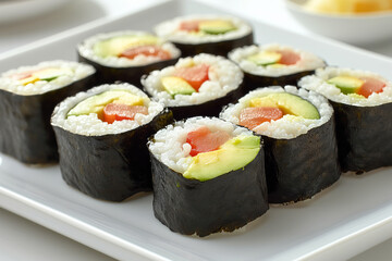 Sushi with avocado and salmon on white plate 