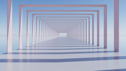 3D illustration of light pink square arches constructions on pier in day light with sun shadows on blue sky