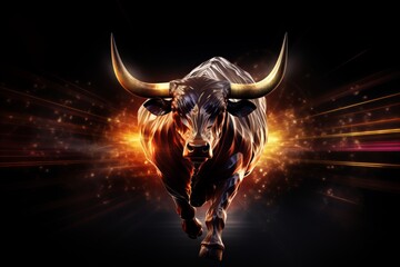 Close-up of fiery bull on a vibrant background with cryptocurrency trading charts and data - obrazy, fototapety, plakaty