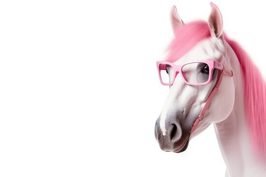horse portrait with pink glasses. banner with white background. stylish animal, office. Cute