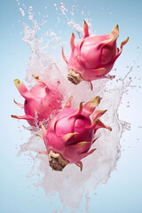 Three pink dragon fruits in a splash in water, set against a clear blue background, depicting a refreshing summer vibe.

