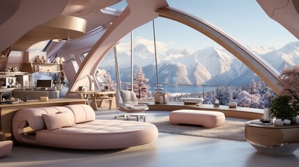 Fototapeta na wymiar Modern mountain home interior living room with panoramic snowy mountain views
