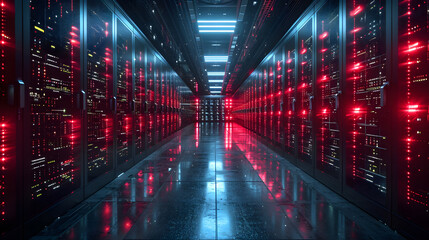Modern Data Technology Center Server Racks in Dark Room. Visualization Concept of Internet of Things, Complex Electric Equipment Warehouse.