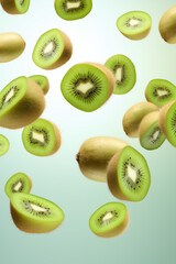 Fototapeta premium Sliced kiwi fruits with vibrant green flesh and black seeds floating against a soft blue background. 