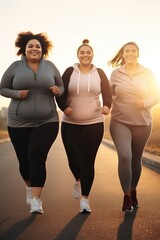 Three overweight women jogging together outdoors