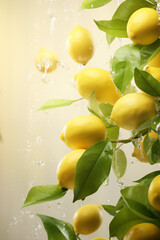 Bright yellow lemons hanging from a tree, drenched in splashing water, set against a warm golden backdrop.
