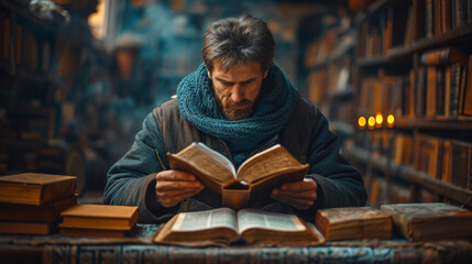 A man reads a Bible in a library - obrazy, fototapety, plakaty