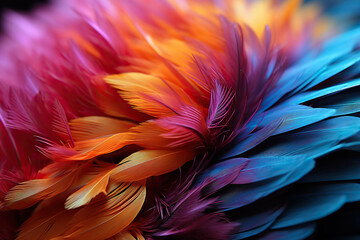 Abstract background with bright colored feathers of birds, screensaver, wallpaper for gadget. Generated by artificial intelligence