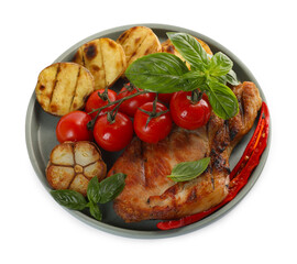 Plate with tasty grilled vegetables, meat and basil isolated on white, above view