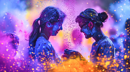 A group of young girls and boys, among clouds of blue and yellow Holi powder. Traditional Holi holiday, festival of colors