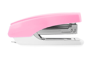 One new pink stapler isolated on white