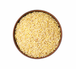 Raw bulgur in bowl isolated on white, top view