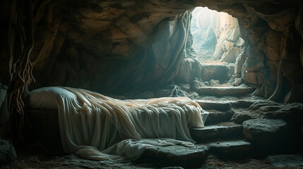 Empty tomb and light shines from the outside. Jesus Christ Resurrection