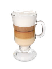 Aromatic latte macchiato in glass cup isolated on white