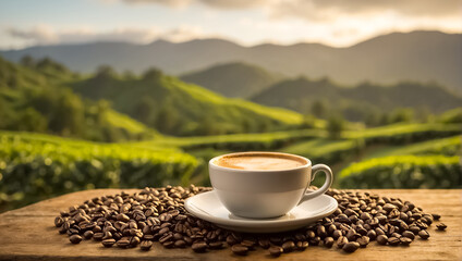 Cup of coffee against the background of a plantation - obrazy, fototapety, plakaty