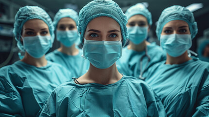 Fototapeta na wymiar portrait of nurses in medical mask and cap in operating room