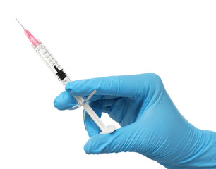 Doctor holding medical syringe on white background, closeup
