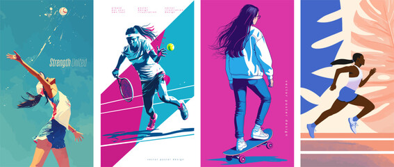 Vibrant illustrations depicting individuals engaged in sports and active lifestyles, showcasing tennis, skateboarding, and running. - obrazy, fototapety, plakaty
