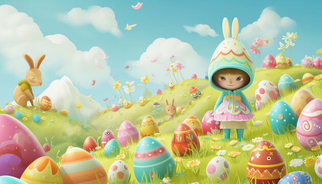 A whimsical illustration depicting a girl with an oversized pastel-colored hood with bunny ears standing in a field of easter eggs and bunnies.