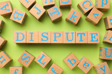 Word Dispute made with wooden cubes on light green background, flat lay