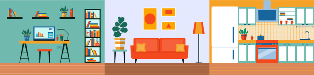 Set of room interior: kitchen, living room, work room  with furniture:  sofa, table, plant, bookshelf, pictures on the wall. Flat style vector illustration	
