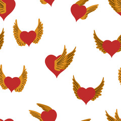 Winging Hearts seamless pattern. Valentine day wallpaper. Hand drawn cartoon cute flying heart in retro vintage style. Angel heart with wings. Cupid Love Valentine’s Day vector illustration background