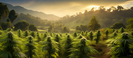 flowering cannabis plantation (marijuana) at sunset - obrazy, fototapety, plakaty