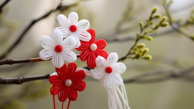 Martisor, red and white, yarn floss thread, holiday of welcoming spring in Moldova and Romania, celebrated on March , tradition give boutonnieres in the form of flowers Baba Marta.