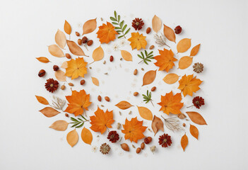 Autumn mandala arrangement of fallen leaves and dry flowers in circular pattern on white background