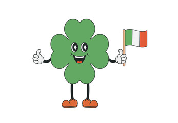 Groovy cartoon character Clover with Ireland flag. Happy Saint Patrick’s Day. Retro, Y2K, vintage aesthetics. Cute mascot design for posters, flyers, brochures, web, and stickers.